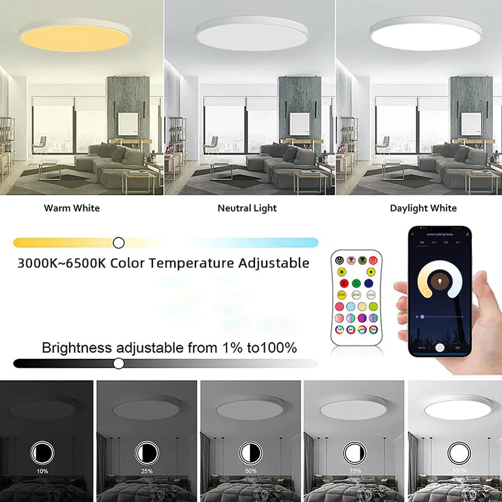 Black or white intelligent RGBCW Bluetooth ceiling lamp with remote control on a ceiling