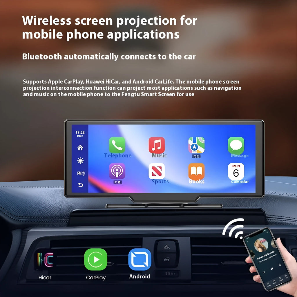 10-inch car smart screen with Apple CarPlay and driving recorder functions displayed in vehicle dashboard
