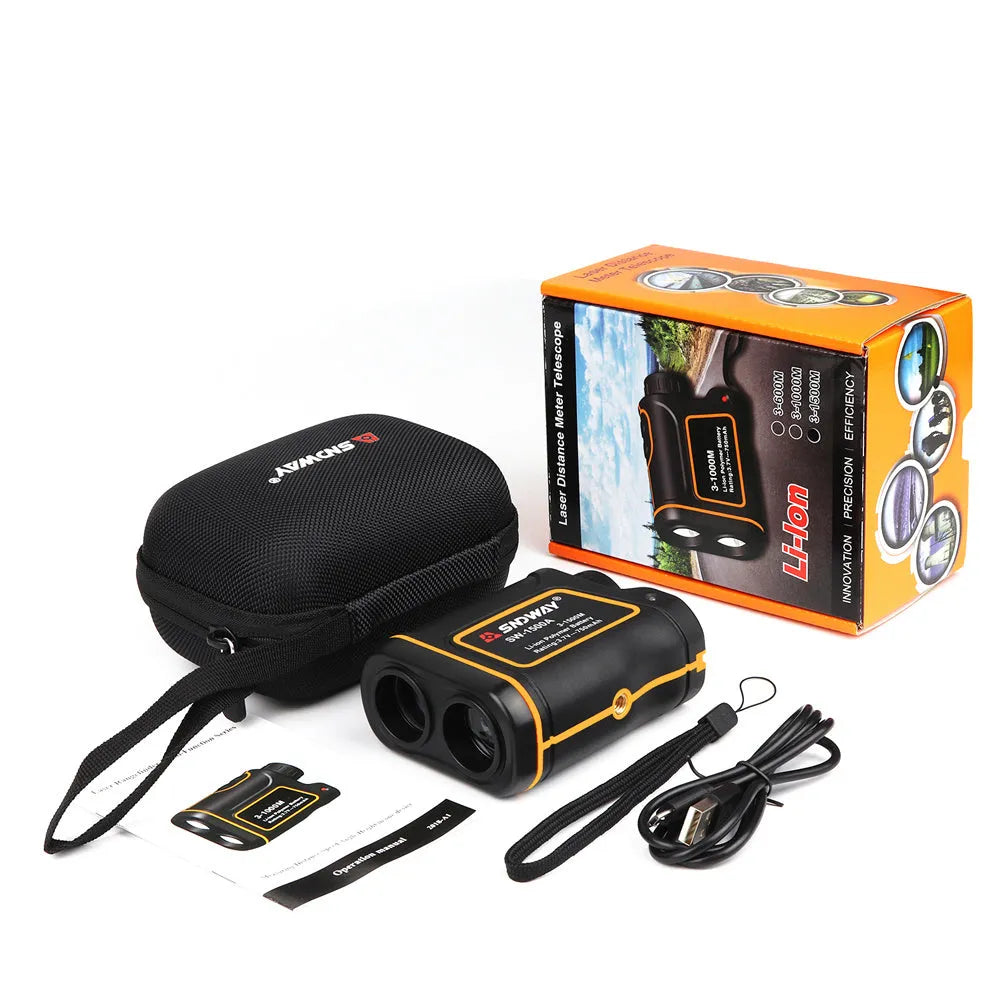 SW series handheld laser golf rangefinder showing compact black design with display screen