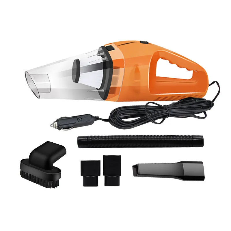 Compact orange handheld car vacuum cleaner with cable next to car seats