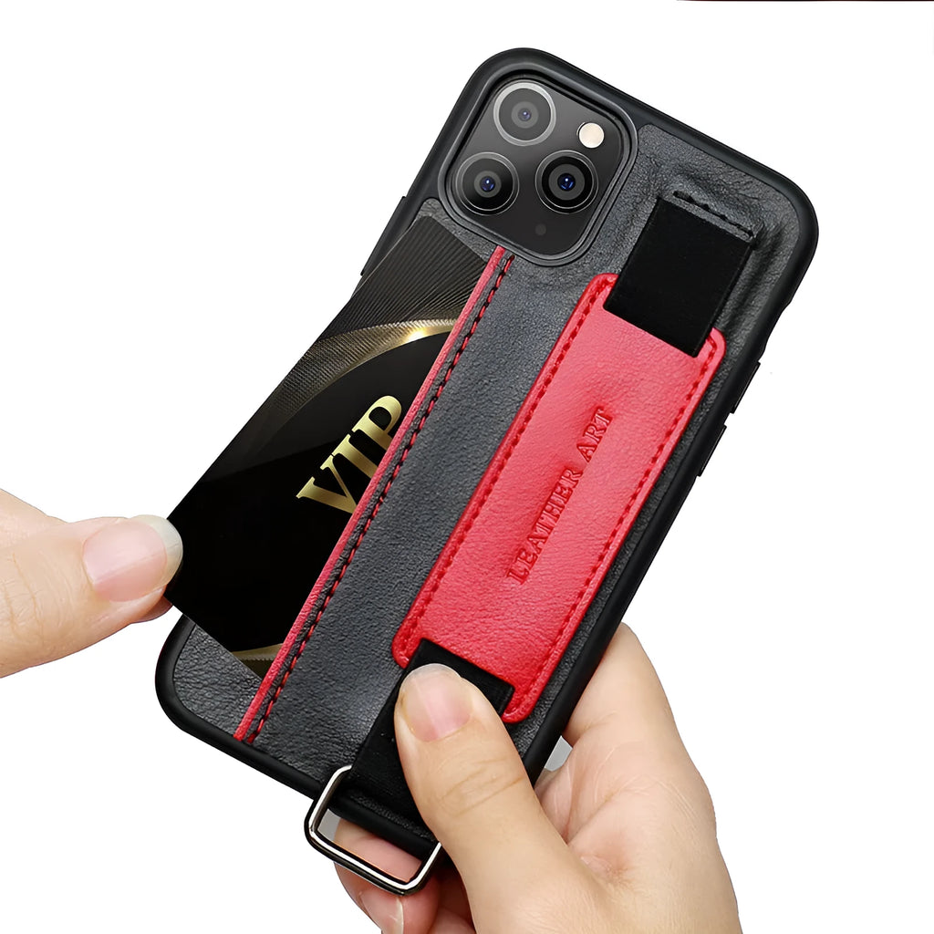 Brown imitation leather iPhone wallet case with a wrist strap, showing stripe detail and stitching.