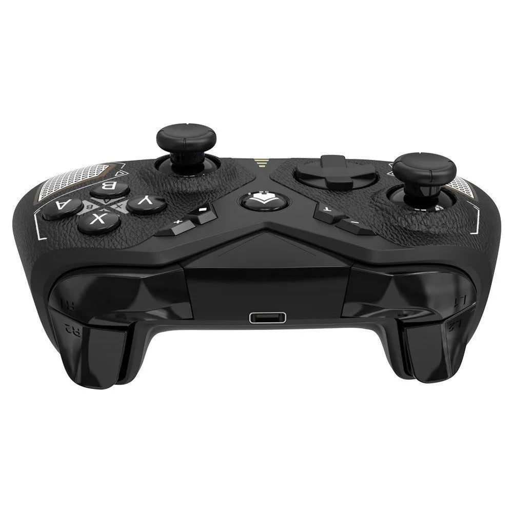 Black ABS plastic wireless game controller with leather pattern design for Nintendo Switch, PC and mobile.