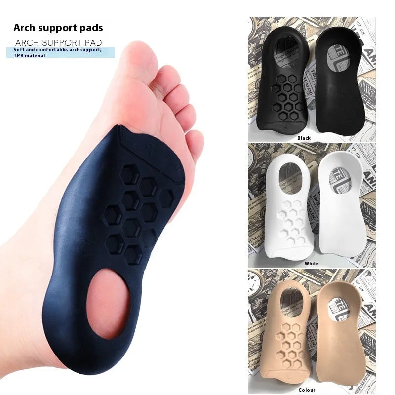 White arch support varus correction insole made from TPR material, shown next to a black and a skin colour version.