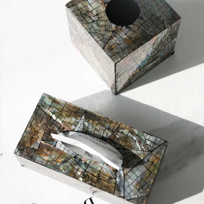 Black natural shell tissue box storage organiser with removable insert in rectangular and square options.