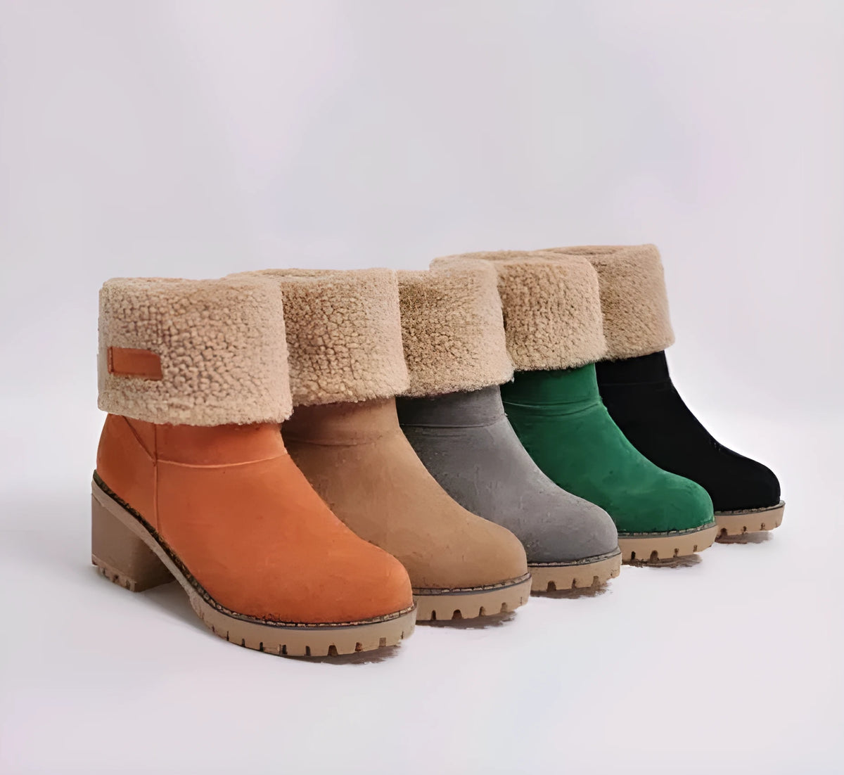 Women's black suede mid-calf snow boots with a round toe and flat low heel.