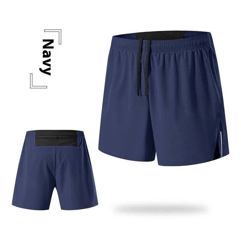 Men's red off-road running shorts with high waist and loose fit on a running trail.