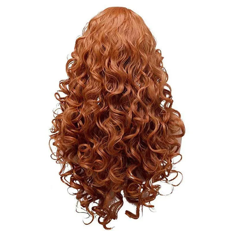 Brown long wavy curly wig with instant noodles style and fluffy texture