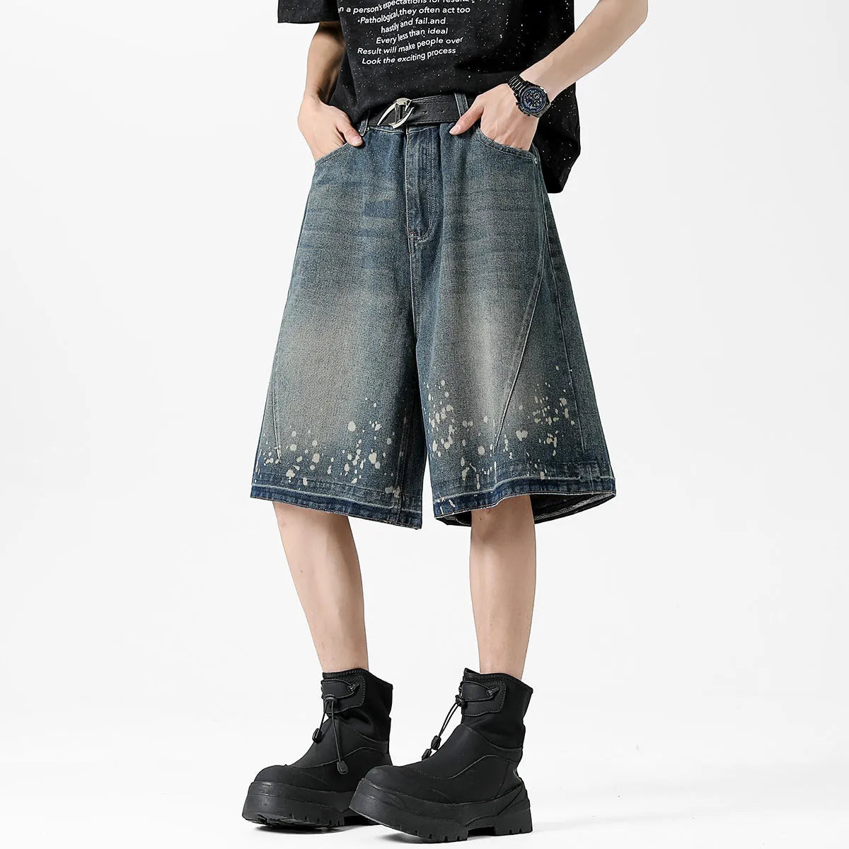 Men's retro blue denim shorts with ripped splash ink pattern and straight cut design