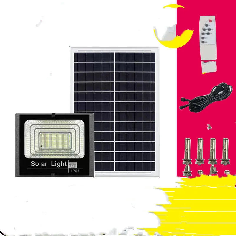 Black solar-powered LED flood light for outdoor and garden use with remote control.