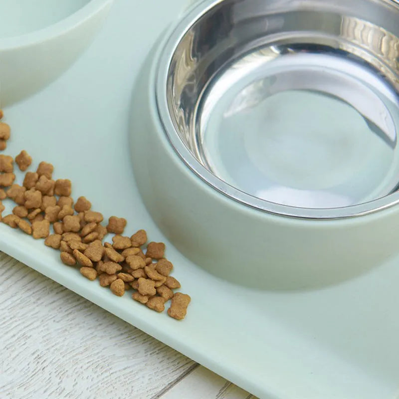 Stainless steel pet double bowl with PP base, 37.5x24x7.5cm, in green, pink, or blue
