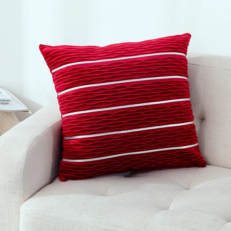 45x45 cm striped velvet cushion cover in wine red colour with plush texture