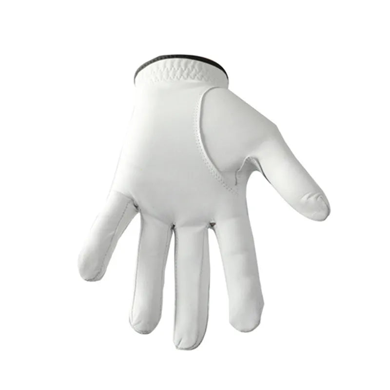 White half sheepskin golf glove for men showing non-slip palm.