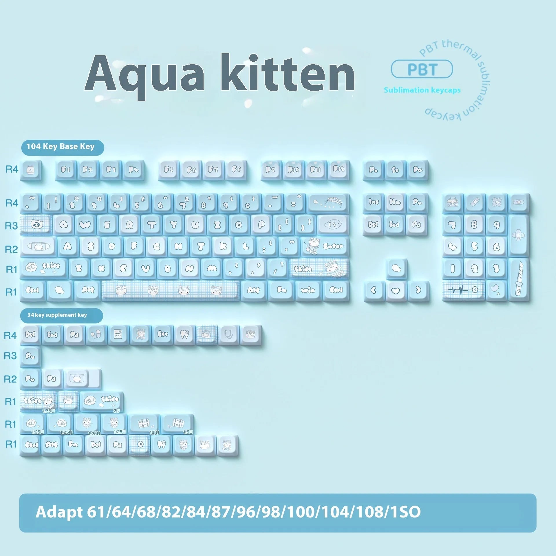 Watercolour cat themed PBT keyboard keycaps set with 138 or 158 keys for mechanical keyboards.