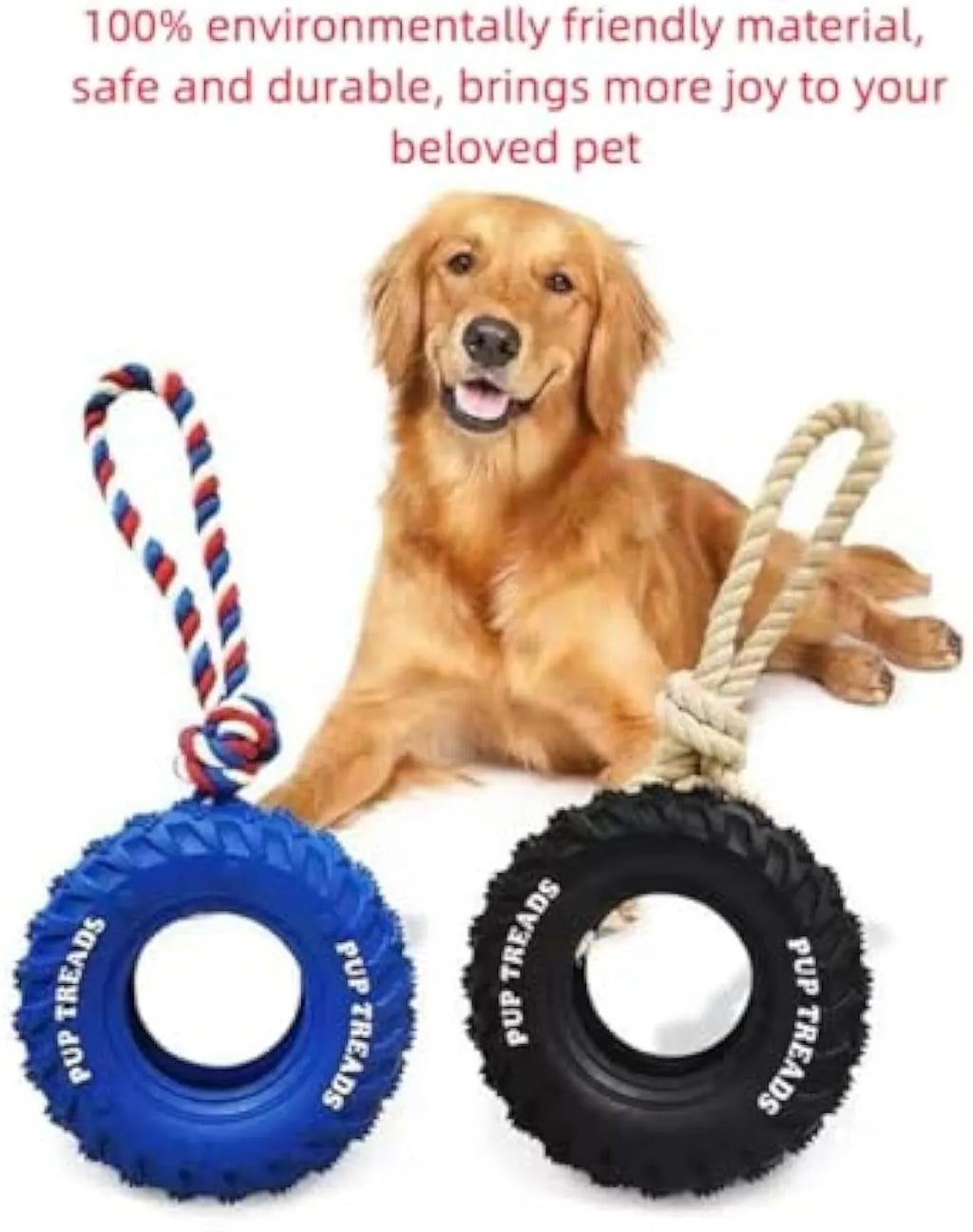 Natural rubber tyre dog chew toy with rope, 35cm, for aggressive chewers, in Black or Blue