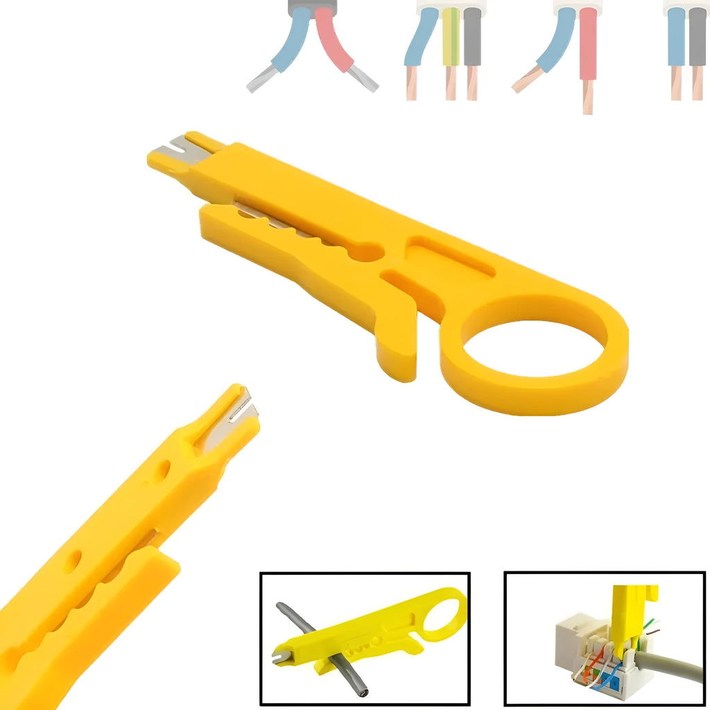 Yellow portable wire stripper tool showing adjustable mechanism and 0.6mm stripping diameter