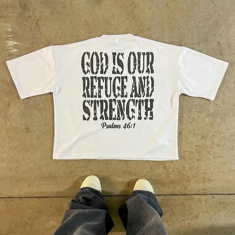 Printed short sleeve cotton T-shirt with retro street style design and drop-shoulder sleeves.