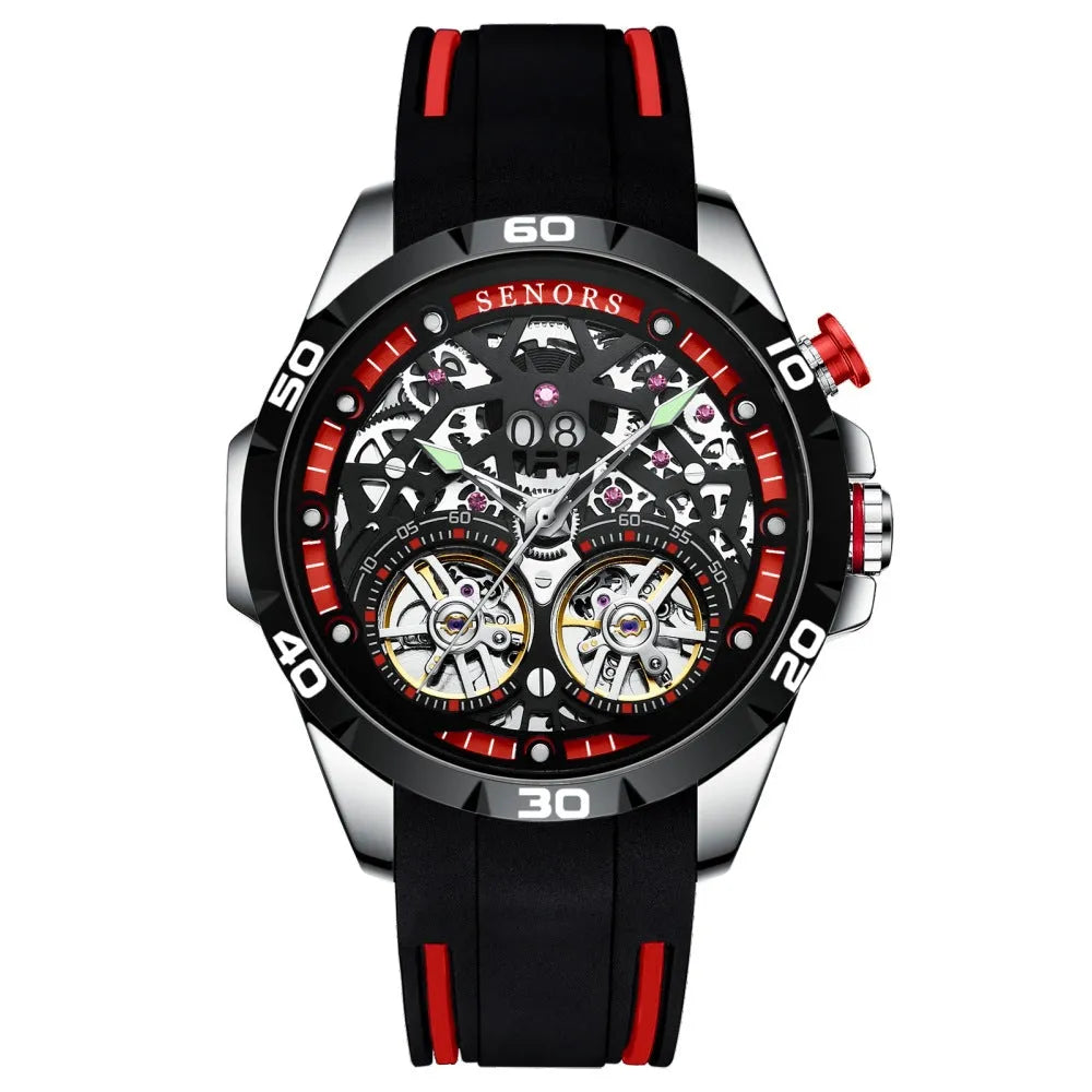 Automatic mechanical men's watch with luminous hands and skeleton dial on wrist