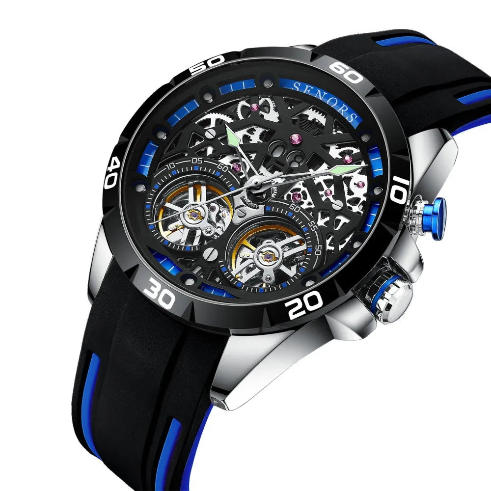 Automatic mechanical men's watch with luminous hands and skeleton dial on wrist