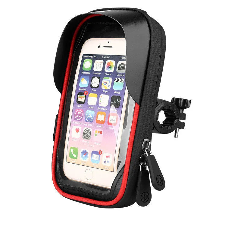 TPU waterproof mobile phone stand mounted on bicycle handlebar with phone visible through touchscreen layer