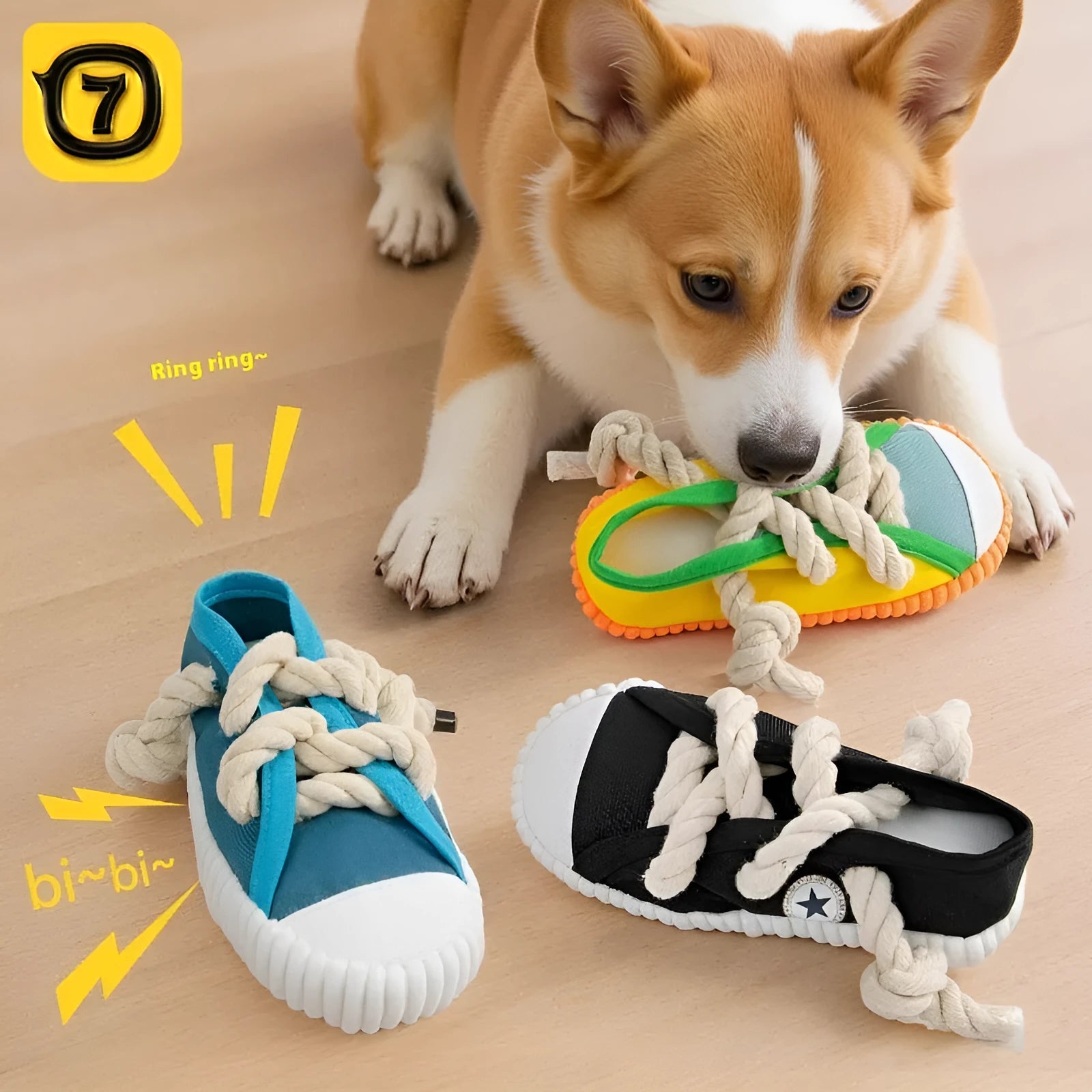 Squeaky plastic dog slipper chew toy in rock yellow, black and sea fog blue colours