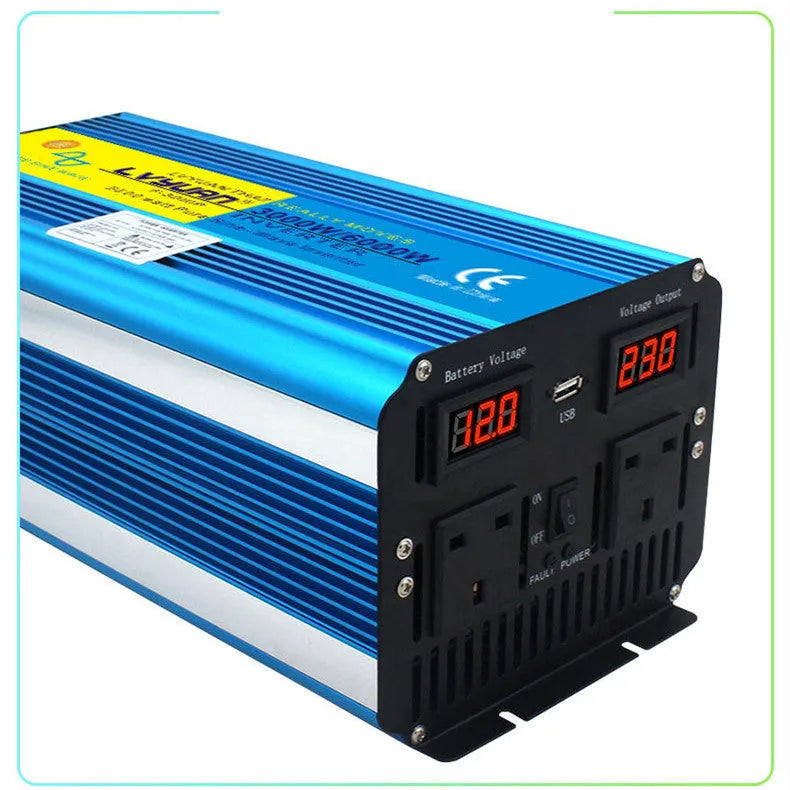 Blue 3000W pure sine wave power inverter with digital display and UK plug socket