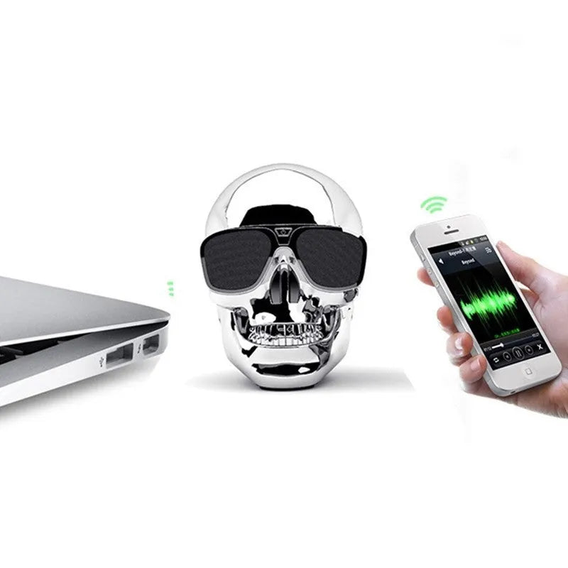 Skull-shaped wireless Bluetooth speaker in black with portable compact design
