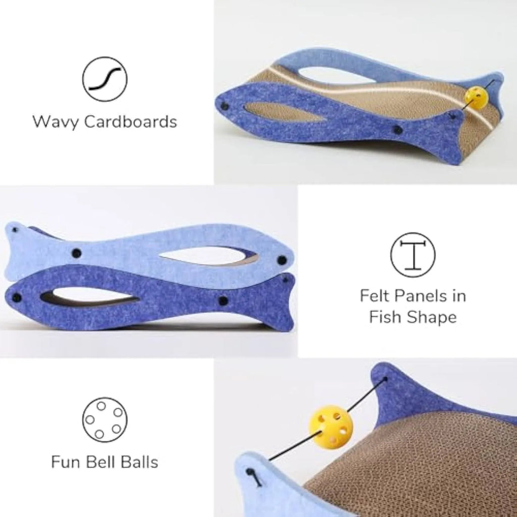 Blue fish-shaped cardboard cat scratcher with bell toys on elastic cord for indoor furniture protection