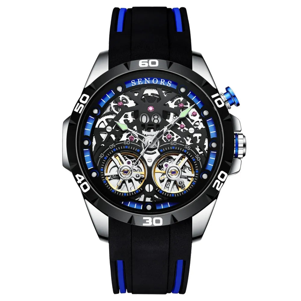Automatic mechanical men's watch with luminous hands and skeleton dial on wrist