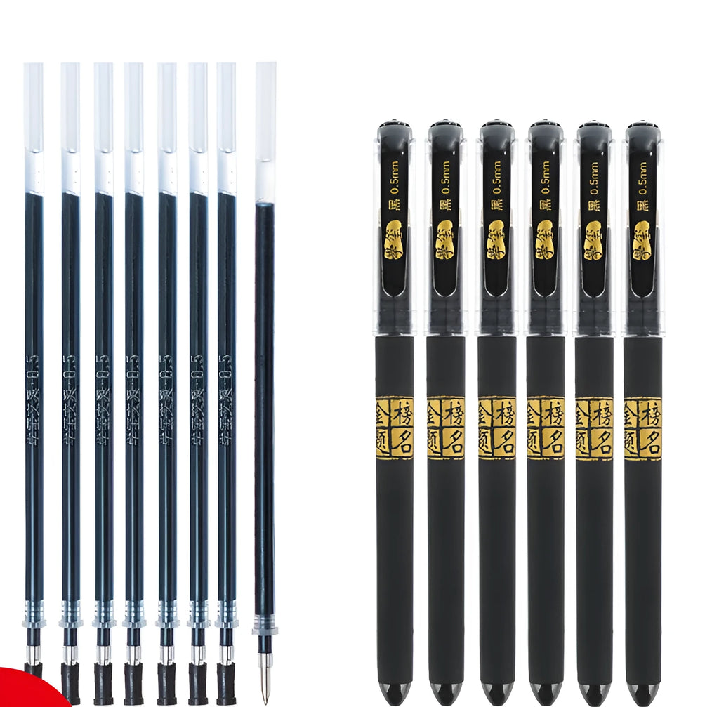 Eight carbon black gel pens with anti-fatigue grips in bullet and needle tip styles
