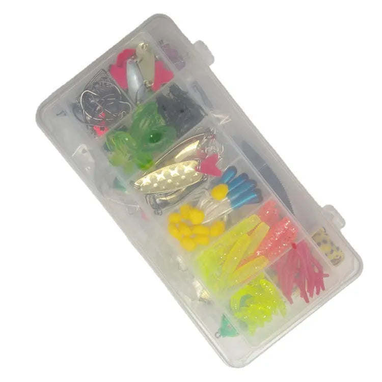 142-piece fishing lure set showing metal hard minnow lures, plastic sequin baits, and fishing pliers