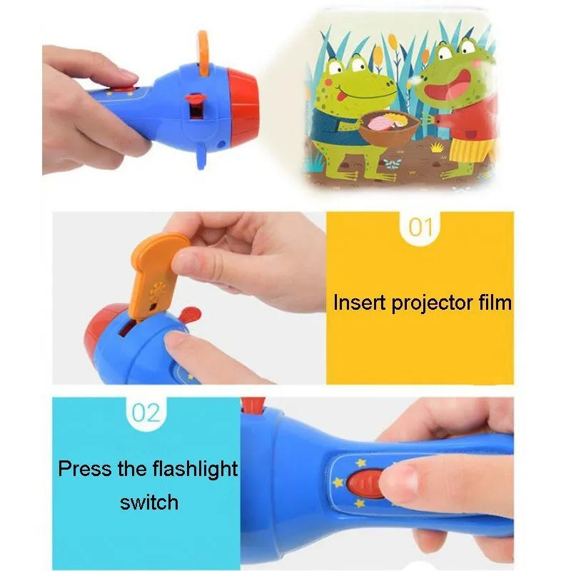 Kids story projector torch with rotating fairy tale discs projecting images onto bedroom wall