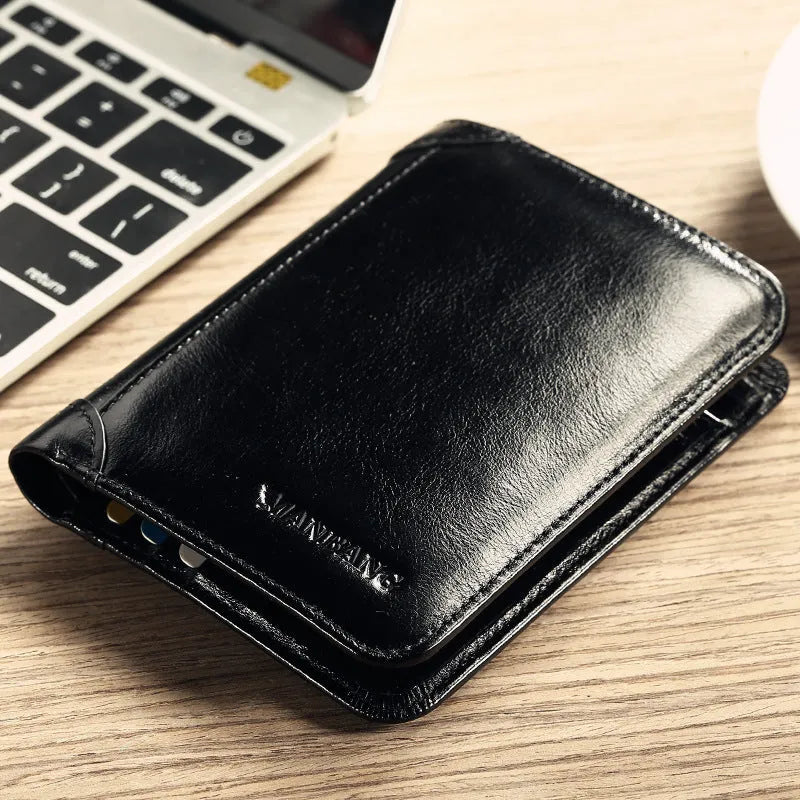 Men's leather wallet open showing card slots, coin pocket, photo window, and document holder in black or brown