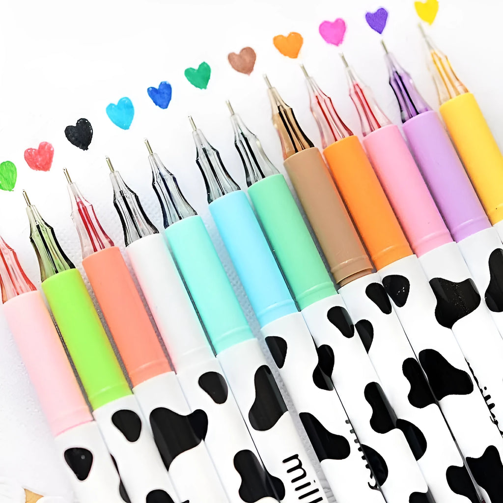 Pack of 12 cow print gel pens with 0.38mm fine tips in assorted colours