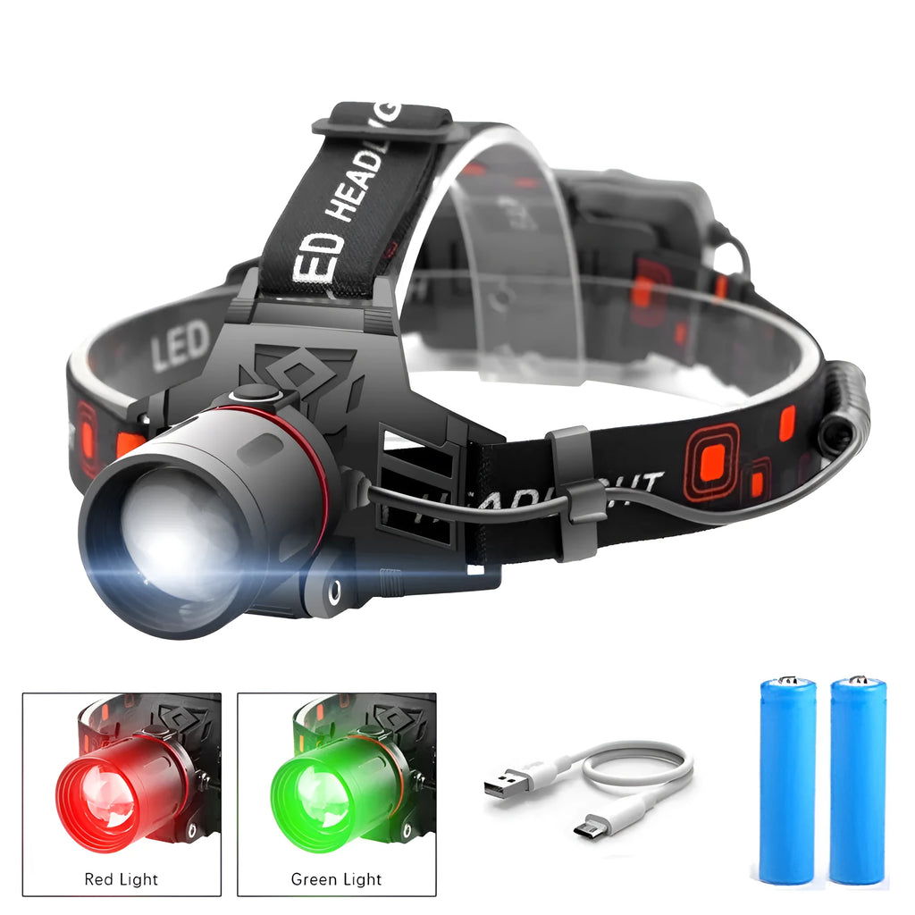T6 LED zoom headlamp showing white, red, and green light modes on a head strap.