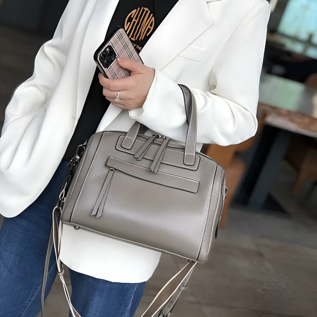 Genuine leather Boston lychee pattern messenger bag in horizontal square shape with shoulder straps