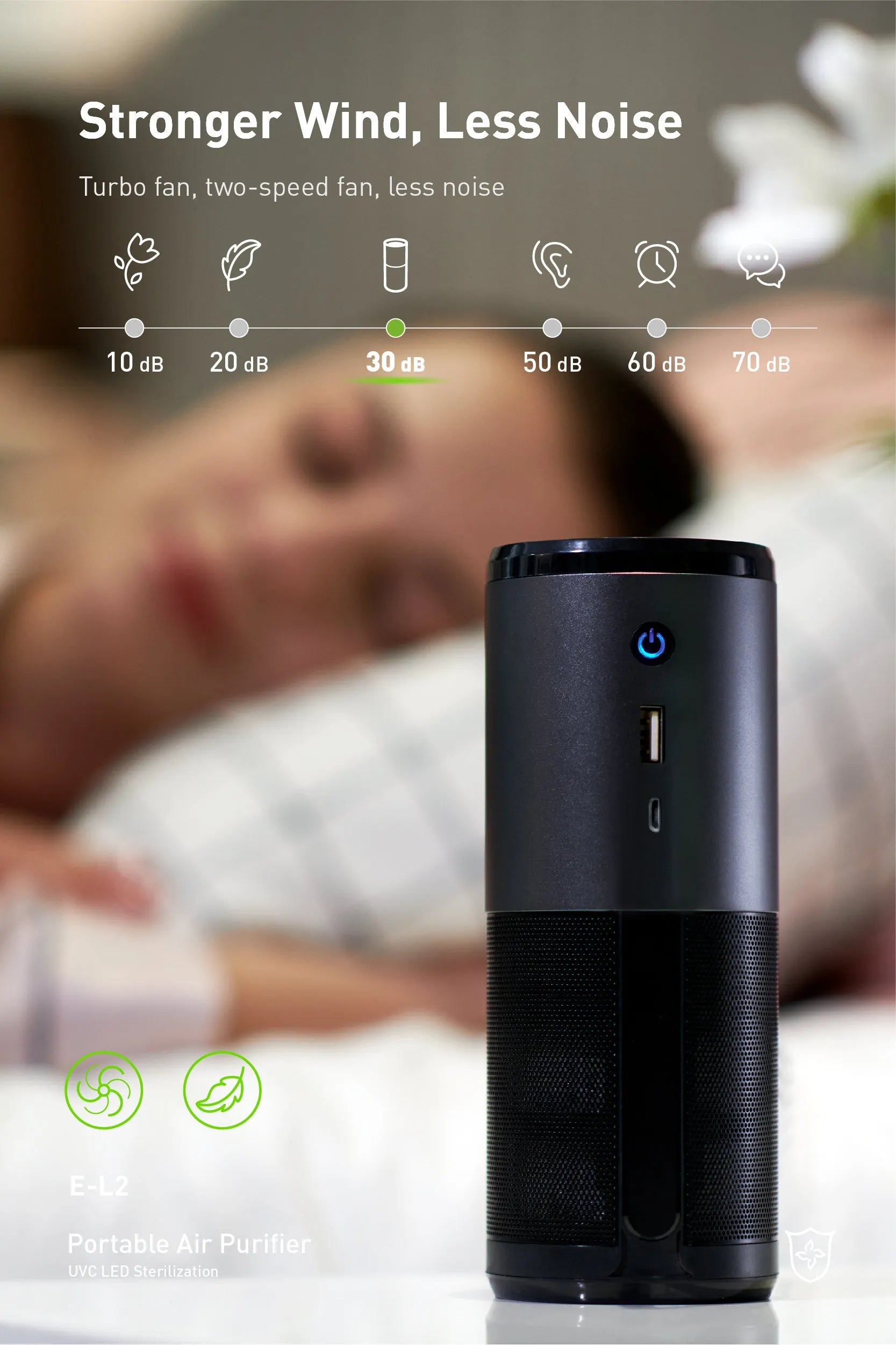 Black portable mini car air purifier with USB cable next to a car cup holder.