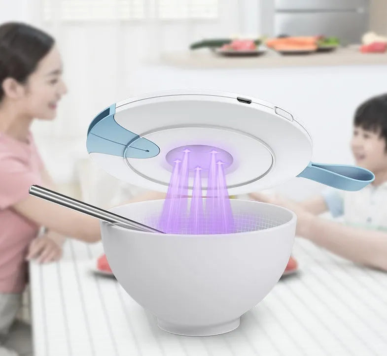 Portable UV baby bottle steriliser in blue colour showing compact design with USB charging port