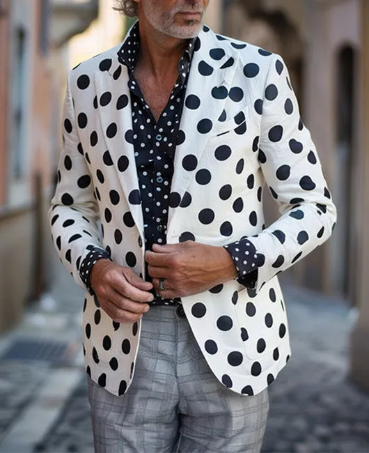 Men's slim-fit two-button suit jacket in a British style with large top-stitch pockets.