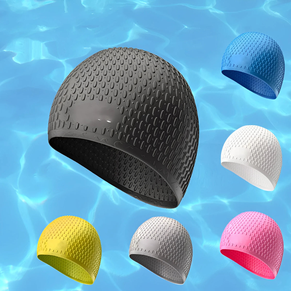 Solid colour silicone water drop swimming cap for adults on a white background.