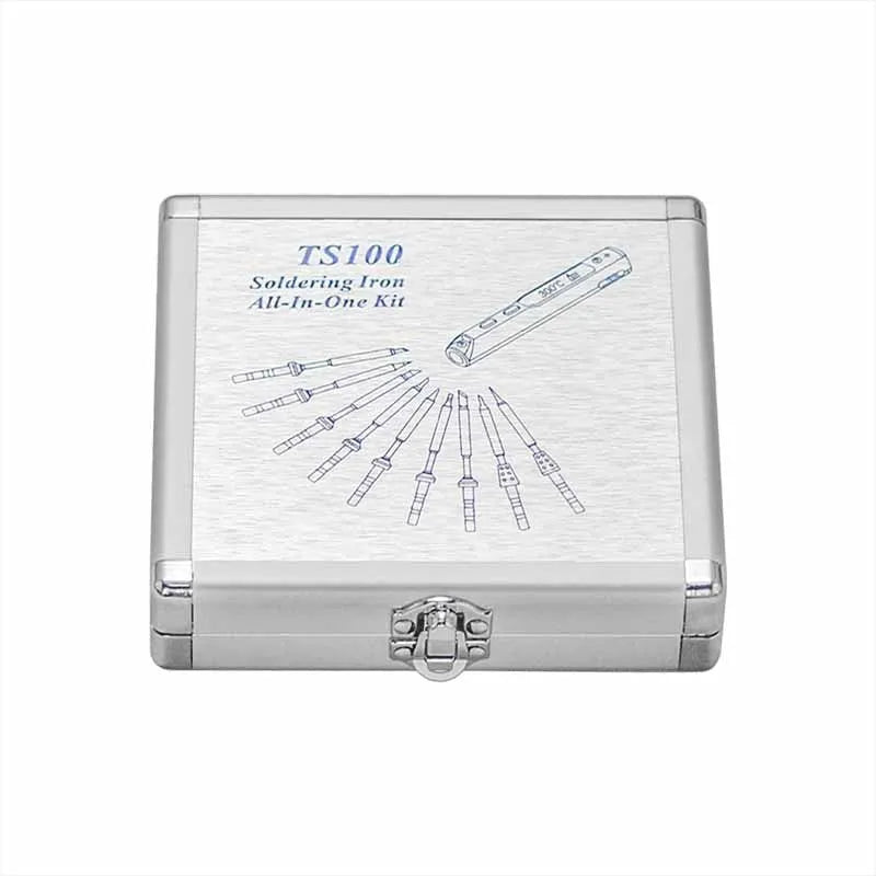 Silver aluminium storage box for TS100 soldering iron, dimensions 154mm by 147mm.