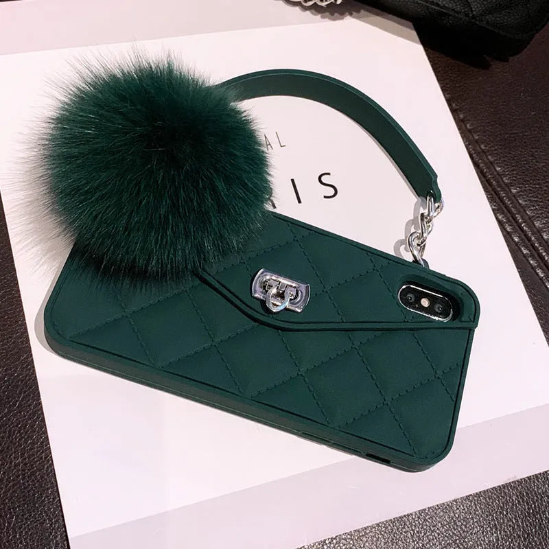 TPU iPhone case with plush texture in dark green grid pattern showing back cover design.