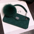 TPU iPhone case with plush texture in dark green grid pattern showing back cover design.