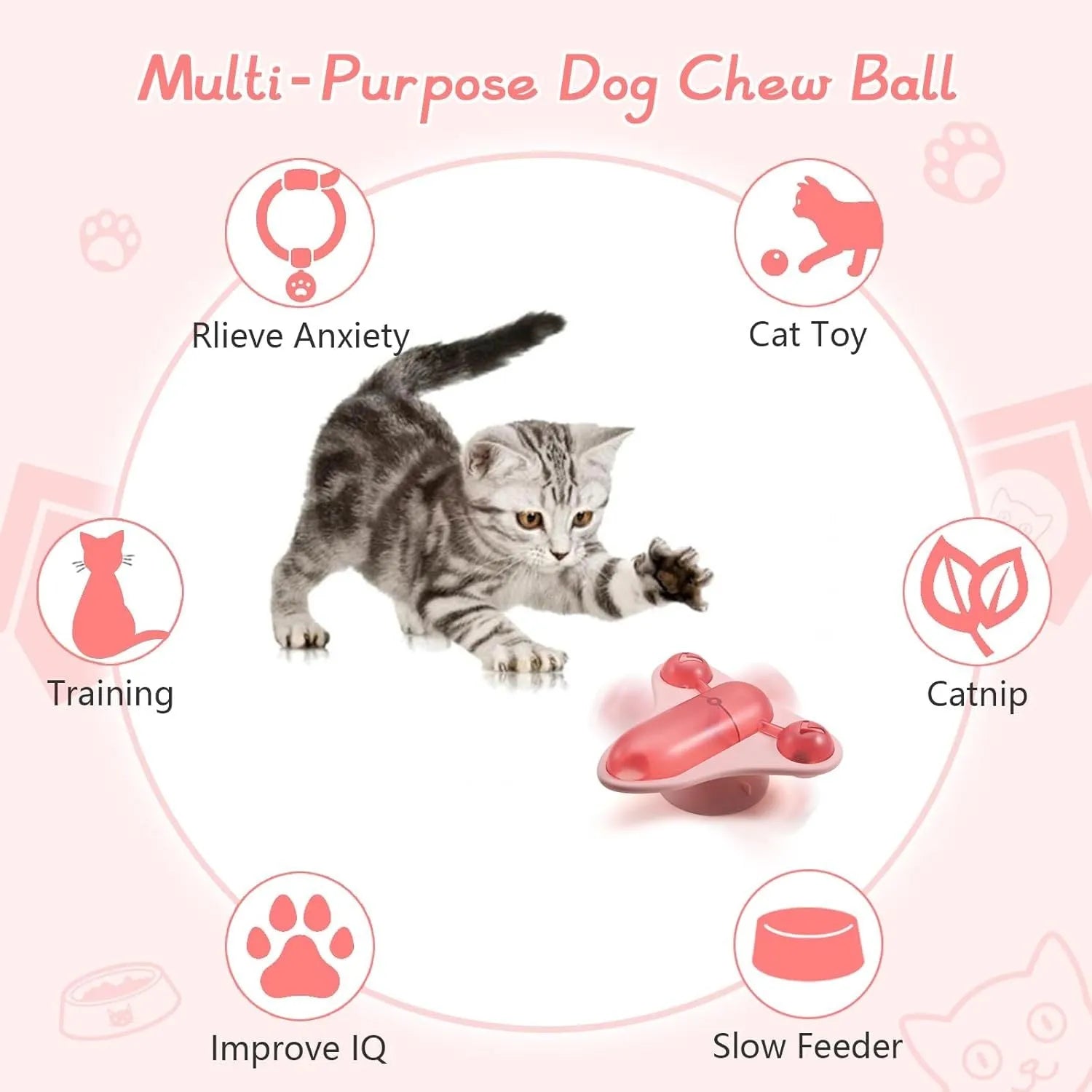 Interactive pet puzzle feeder toy with blue, green, and pink colour options, showing bell, catnip, and snack cabin.
