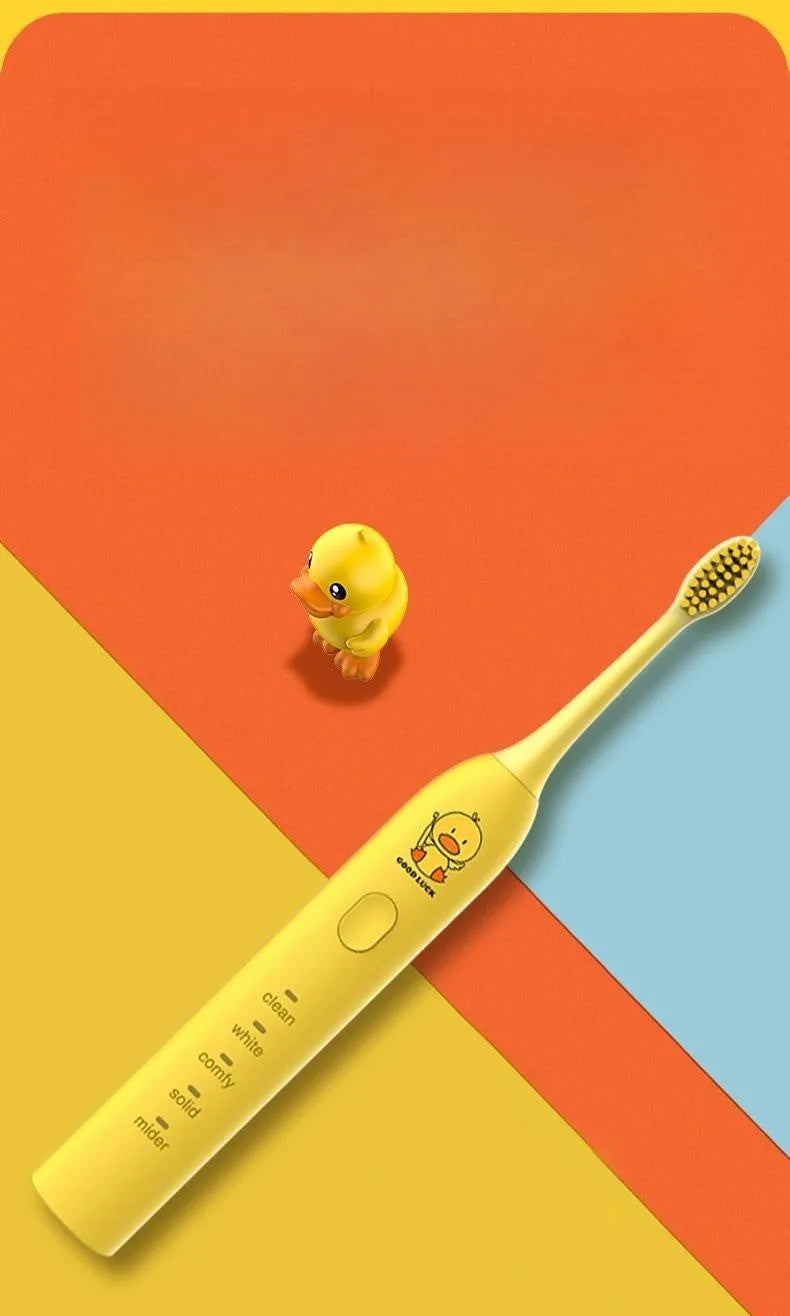 Small yellow duck USB rechargeable electric toothbrush with soft bristles and laser engraved shell