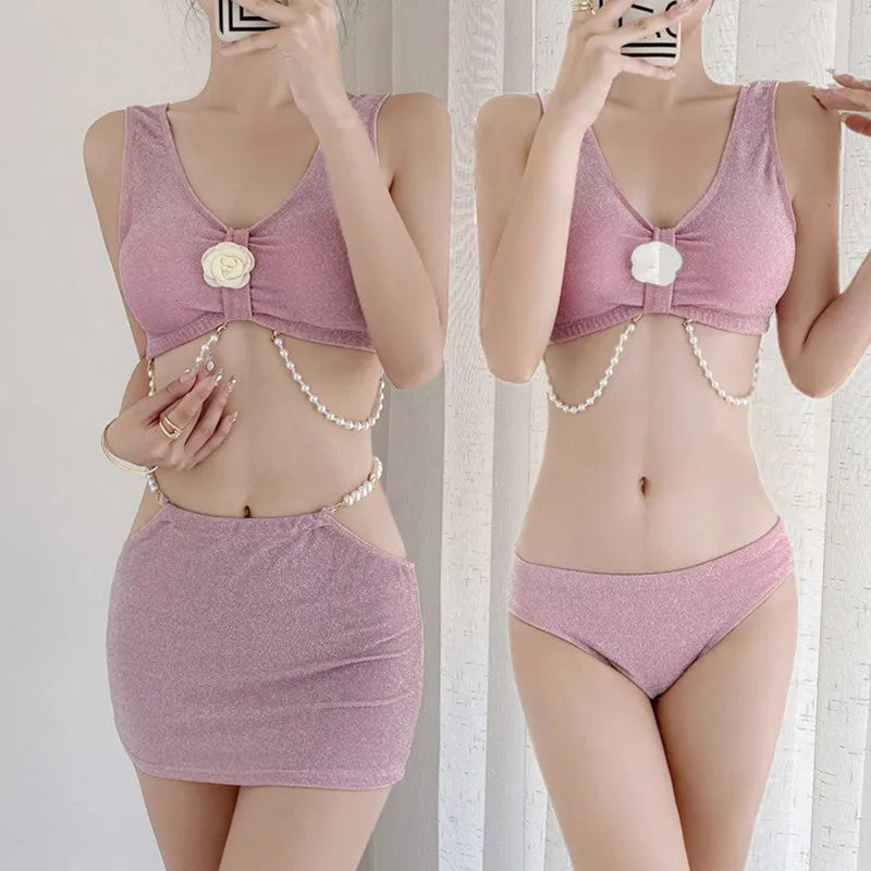 Pink and black three-piece polyester bikini set with briefs styling for swimming