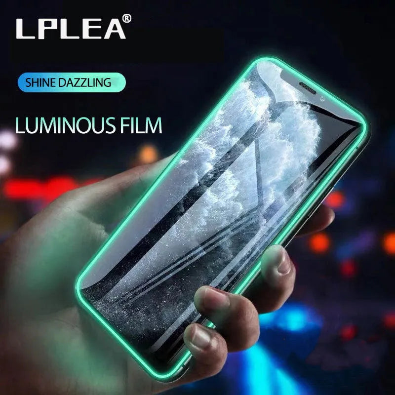 Luminous full cover tempered glass screen protector for iPhone glowing in the dark.