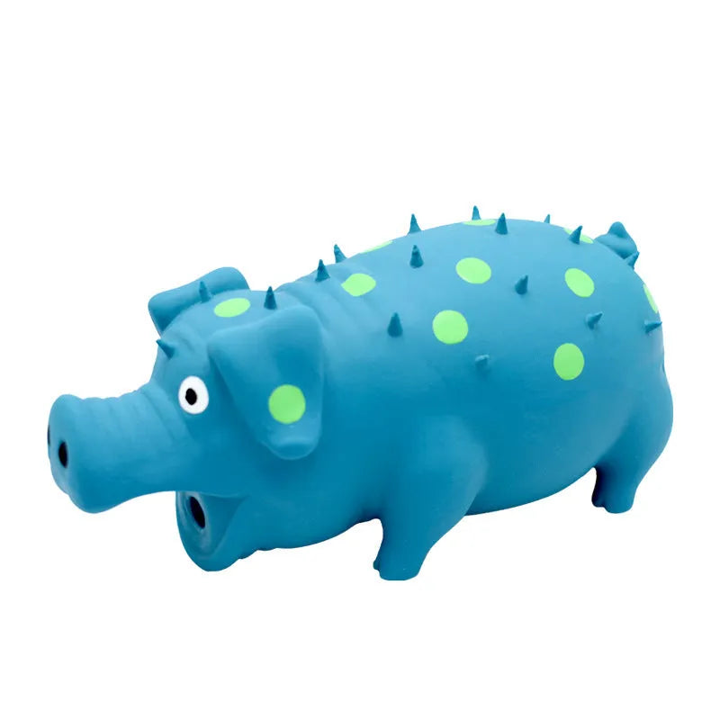 Latex pig-shaped dog chew toy with textured surface and squeaker in multiple colour options