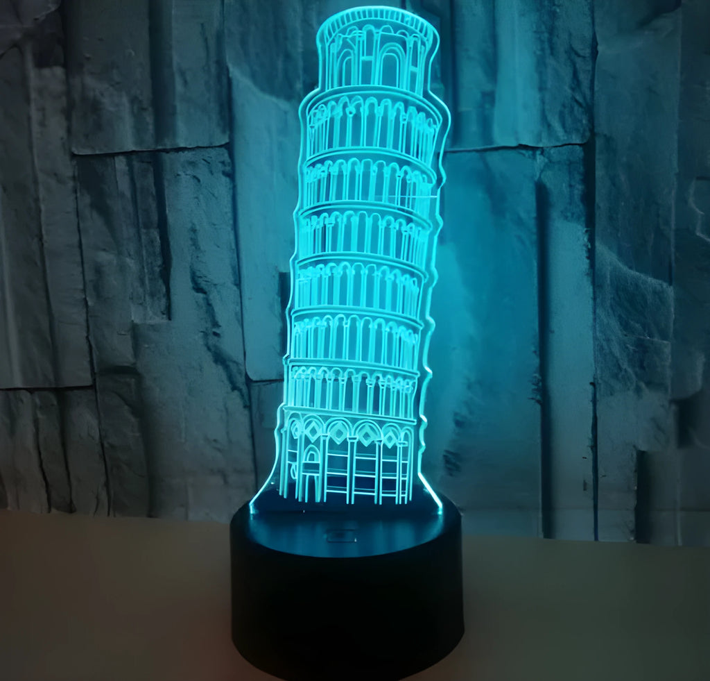 Leaning Tower of Pisa 3D acrylic nightlight with colour-changing LED base and remote control.