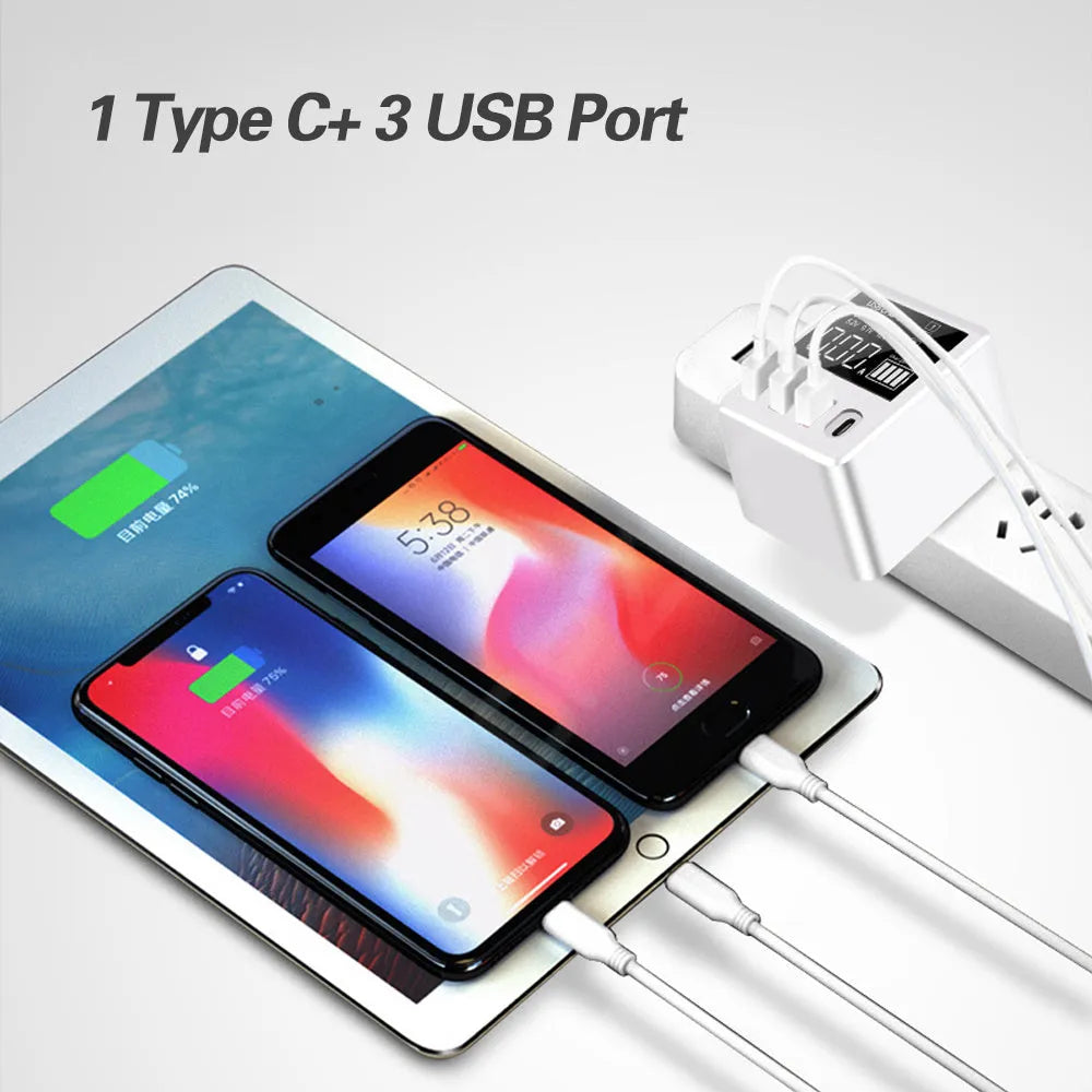 White 4-port travel charging head with LED display and UK plug for multiple device charging