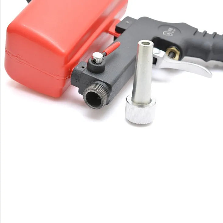 Portable small gravity feed pneumatic sandblasting gun with tank, shown in black or blue.